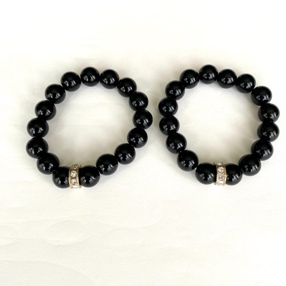 Black Beaded Stretch Bracelet Set of 2 with Gold and Rhinestone Detail - Picture 7 of 7
